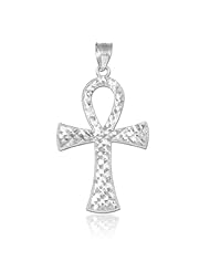 10k White Gold Diamond-Cut Egyptian Ankh Cross Pendant