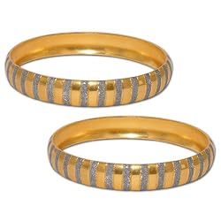 Gold and Rodium Plated Bangle Bracelets Pair Womens Costume Jewelry in Indian-Style 2.3 inches