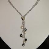 Black & White Cultured Pearl 4-Strand Silver Chain Lariat w. Heart Shaped Crystal Slider