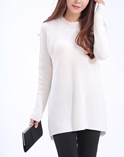 METERDE Women's High Quality White Long Cashmere Crewneck Sweater Jumper L