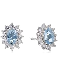 Sterling Silver Aquamarine and Created White Sapphire Stud Earrings