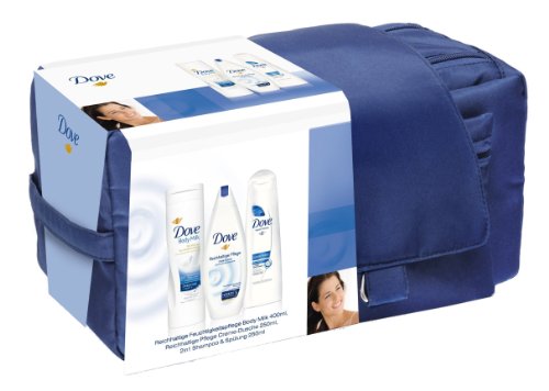 Dove Geschenkpackung mit Kulturtasche (Creme-Dusche 250 ml + Beauty Body Milk 400 ml + 2in1 Shampoo 250 ml + Kulturtasche)