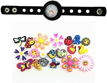 1 Black Kids DIY Watch + 20 Butterfly Dragonfly Ladybug Flying Animals Fish BIG Flowers Charms