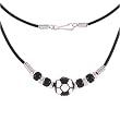 Simple Black White Soccer Girls Pendant on Black Cord Necklace