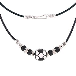 Simple Black White Soccer Girls Pendant on Black Cord Necklace