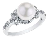 Freshwater 8mm White Pearl and Diamond Ring in 14K White Gold