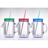 Cupture&reg; Double Wall Insulated Plastic Mason Jar Tumbler Mug with Striped Straws - 20 oz, 3 Pack