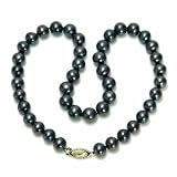 14k Yellow Gold Dyed Peacock Black Freshwater Cultured Pearl AA Grade 8.5-9mm Necklace, 16