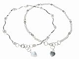 Sterling Silver Flower Style and Beaded Link Fashion Anklet Set