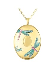 Sterling silver and 14k gold Oval Shaped Locket w/ Colored Dragonflies Necklace