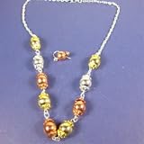 Tri Color Metal Round Ball Beaded Necklace and Earring Set