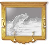 Wall Mounted Etched Mirror Coat Rack - Bass Fishing Art Etching - Solid Oak, Hand-Rubbed Finish