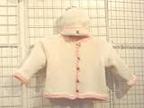Ck601, Ivory Cotton/pink Chenille Trim Girls Outfit, Cardigan, Hat Set