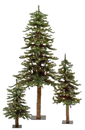 Set Of 3 Pre-Lit Downswept Alpine Artificial Christmas Trees 3 4 5