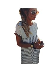 Round Neck Cotton Striped Print Short Sleeves Mini Dress 