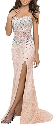 PrettyBridal Women's Side Slit Lace Prom Dress Sweetheart Formal Gown With Crystal Pink 12