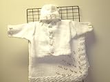 Cp83wbk, Knitted on Hand Knitting Machine Then Finished By Hand Crochet Infant Girls Outfit, Containing White Chenille Cardigan Sweater, Hat Set with Matching Blanket Trimmed with Mini Rosebuds.