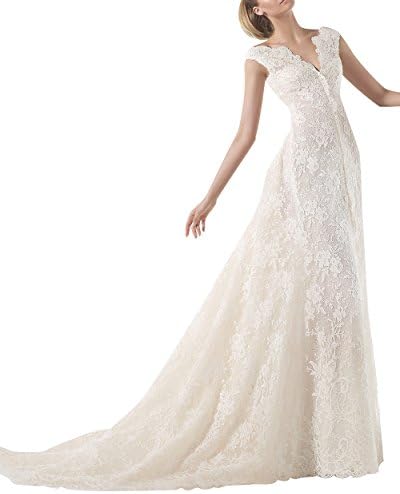 LISTEN TO ME Women's V-neck Low Back Sweep Long Train Mermaid Wedding Dress