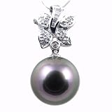 18K White Gold with Diamonds and 13-13.5mm Gem Quality Black Tahitian Pearl Pendant & 16" 14K White Gold Chain