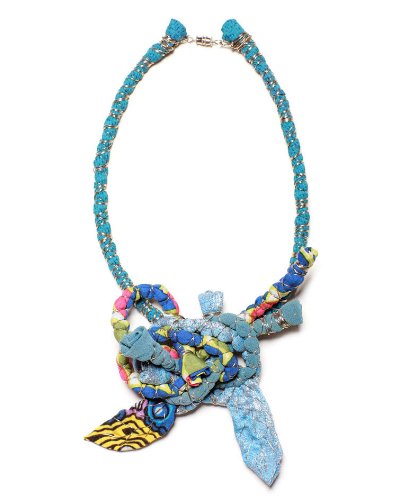 JousJous Antique Fabrics, Vintage Pieces & Alpaca Wire Fiesta Blue Necklace, Choker Length, 16