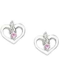 Heart Style Pink Sapphire & Diamond Earrings in Sterling Silver - Friction Backs