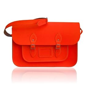Old School Style Satchel hand-crafted from Dayglow, Neon, Fluorescent Orange Leather (Large 14-inch)