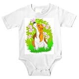 Onesie with bush, basset, hound, flowers, dog