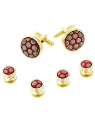 JJ Weston red peacock art glass cufflinks and shirt studs formal set. Made in the USA