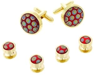 JJ Weston red peacock art glass cufflinks and shirt studs formal set. Made in the USA