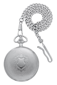 Avalon Silvertone Pocket Watch with Ornamented Cover and Chain with Clip # 1389