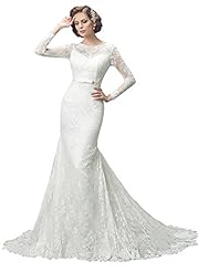 Plus Size Flared-Skirt Floor Length Illusion  Lace Scoop Neck Sweetheart Tulle Mermaid Long Sleeves Wedding Dress  with a Court Train  With a Bow(s)