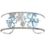 Stunning Sterling Silver Blue Onyx and Clear CZ Multi Flower Cuff Bracelet