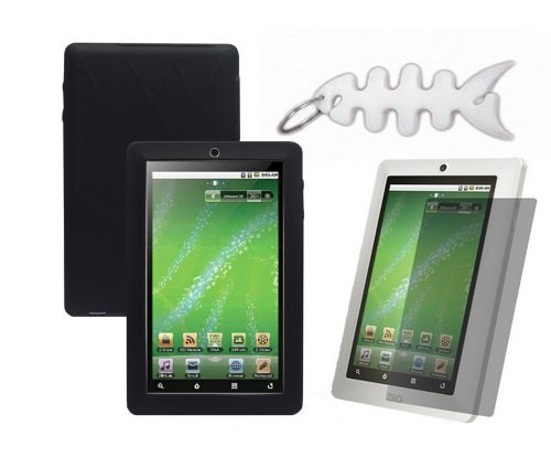 Black Silicone Skin Cover + LCD Screen Protector + Fishbone Style Keychain for Creative ZiiO 8GB 16 GB 7-Inch Android 2.1 Wireless Entertainment Tablet