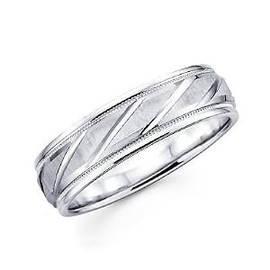 Solid 14k White Gold Ladies Mens Diamond Cut Design Milgrain Satin Wedding Ring Band 6MM Size 11.5