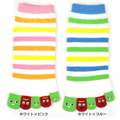 (ガチャピン×ムック) 五本指婦人靴下 ボーダー柄（ブルー）