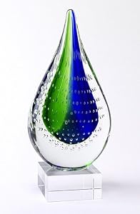 Mouth Blown Teardrop Blue/Green Fine Crystal Centerpiece 10.5"