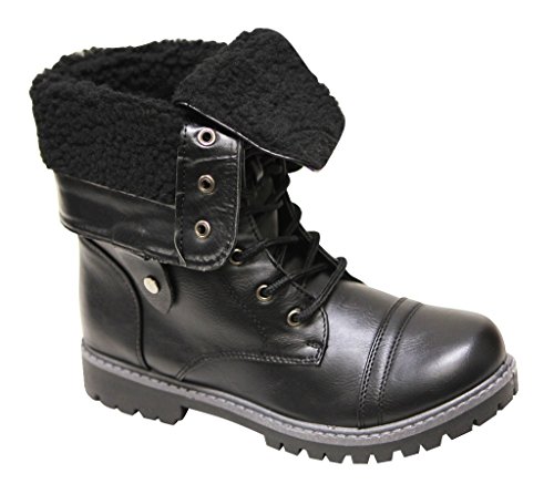 Anna Dallas-11 Women's round toe mid calf lace up cuffed opening woolen lining military combat comfort PU boots