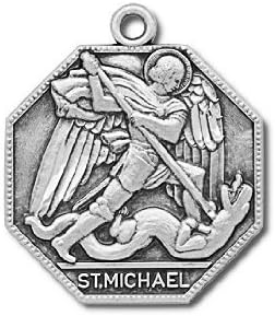 Sterling Octagonal St. Michael the Archangel Medal with 24" Stainless Steel Chain in Gift Box. St. Michael the Archangel Is Known for Protection As Well As the Patron of Against Danger At Sea, Against Temptations, Ambulance Drivers, Artists, Bakers, Bankers, Banking, Barrel Makers, Battle, Boatmen, Coopers, Dying People, Emergency Medical Technicians, Emts, Fencing, Greengrocers, Grocers, Haberdashers, Hat Makers, Hatters, Holy Death, Knights, Mariners, Paramedics, Paratroopers, Police Officers, Radiologists, Radiotherapists, Sailors, Security Guards, Sick People, Soldiers, Storms At Sea, Sword Smiths, Watermen, England, Germany &amp; Sickness.