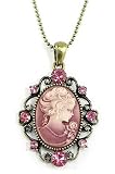 Beautiful Antiqued Cameo Charm Necklace with Pink Crystal Accents Antique Gold Tone Finish Comes Gift Boxed
