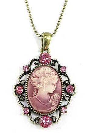 Beautiful Antiqued Cameo Charm Necklace with Pink Crystal Accents Antique Gold Tone Finish Comes Gift Boxed