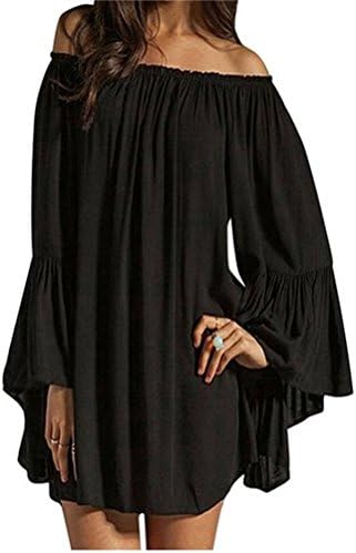 Feminent Women's Sexy Off Shoulder Chiffon Boho Ruffle Sleeve Blouse Mini Dress (XL, Black)