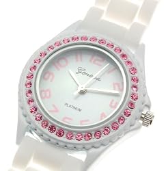 Beautiful Large White Pink Crystal Accent Silicone Wrist Watch