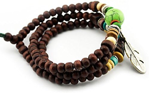 Goloy Tibetan Prayer Totem Metal Leaf Pendant Multi-Strand Wood Bracelet Link Wrist Necklace