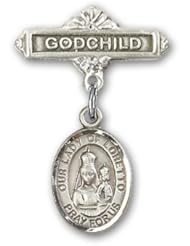 Sterling Silver Baby Badge with Our Lady of Loretto Charm and Godchild Badge Pin