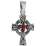 Sterling Silver Small Trinity Celtic Cross Pendant w/ Single Red CZ, w/ 18" Thin Box Chain