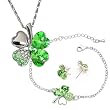 18k Gold Plated Swarovski Crystal Heart Shaped Four Leaf Clover Pendant Necklace, Earrings and Bracelet Set - Peridot Green 18k Gold Plated Swarovski Crystal Heart Shaped Four Leaf Clover Pendant Necklace, Earrings and Bracelet Set - Peridot Green