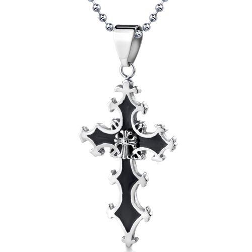 Stainless Steel Medieval Gothic Cross Pendant with Black Resin Inlay on a Stainless Steel Ball Chain