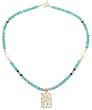 Blue Apatite, Garnet, and Turquoise Gemstone Bead Choker Necklace with Rectangular Gold Vermeil Flower and Butterfly Pendant, 16" Length, #7826