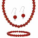 Sterling Silver 6mm Genuine Carnelian Stone Bead Beaded Dangle Hook Earrings Stretch Bracelet Necklace 15-19" Jewelry Set