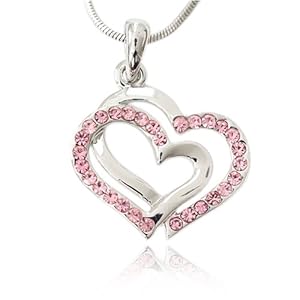 Pink Crystal Double Heart Charm Pendant Necklace Fashion Jewelry